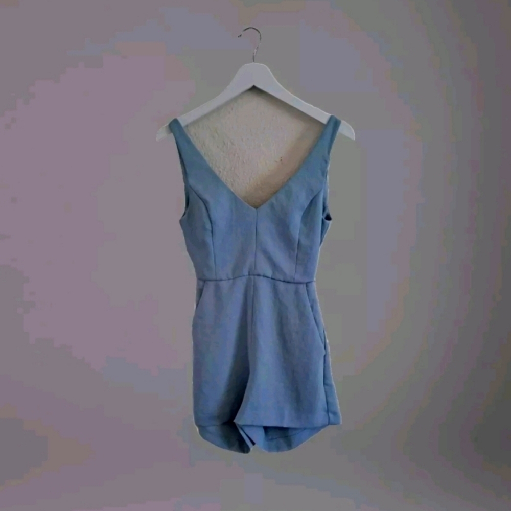 Cute Cami Plunge Tie Back MIdi Dress in Dusky Sky Blue Women's XS Romper B38#12